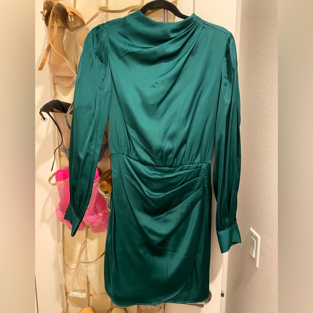 Women's Long-Sleeve Satin Draped High-Neck Mini Dress